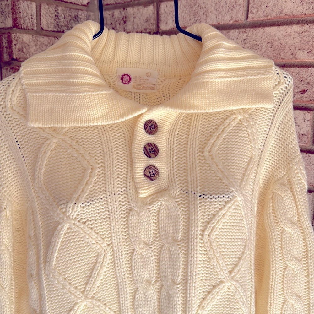 NOS Vintage Mens Cream Cable Knit Pull Over Henley XL Sweater Old Stock